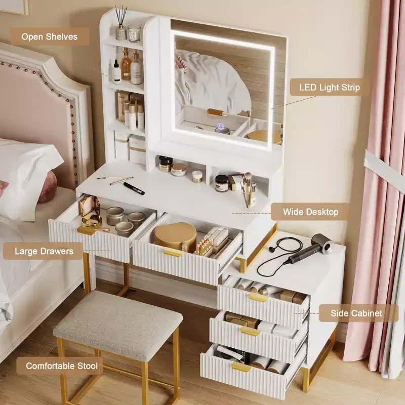 White and gold vanity set with lighted mirror, three modes, five drawers, detachable side cabinet, four-tier open shelves, and cushioned stool