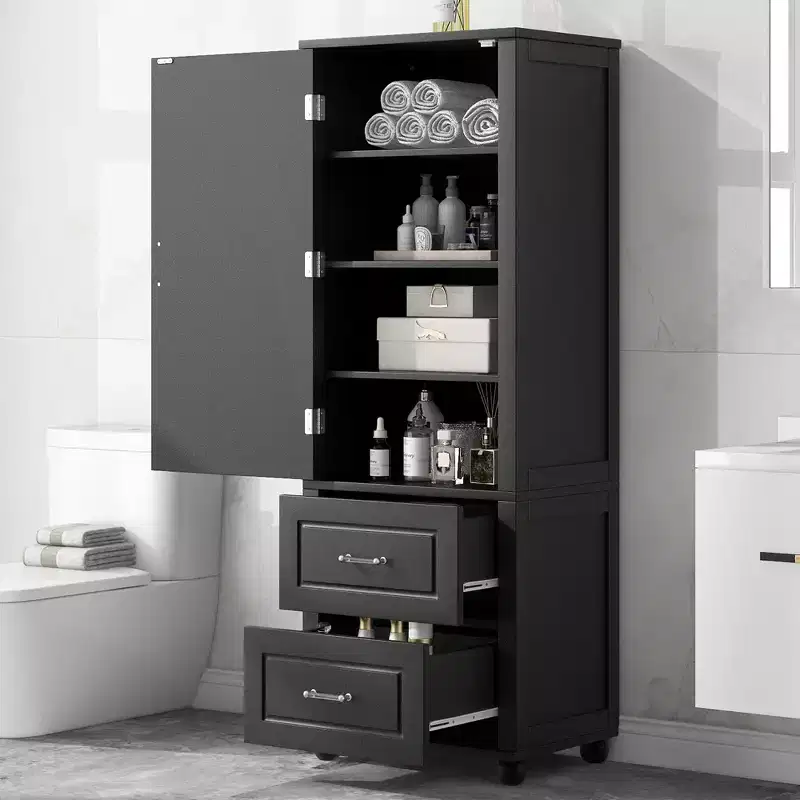 Whisen Tall Bathroom Storage Cabinet, Freestanding Storage Cabinet with Two Drawers and Adjustable Shelf