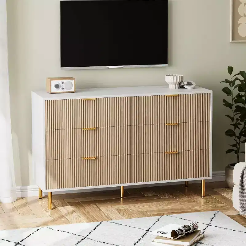 6 Drawer Dresser for Bedroom, Modern Wood Storage Dresser Organizer, with Gold Metal Handles & Anti-Tipping Device, for Living Room
