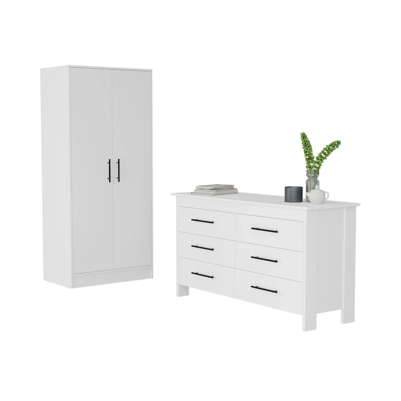 FM Furniture Canaan 2-Piece Bedroom Set with Armoire and 6-Drawer Dresser, White