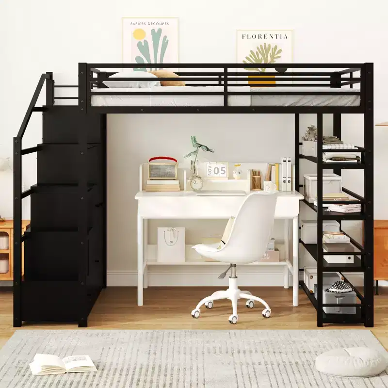 GDF Studio Martinez Metal Loft Bed with Storage Shelves, Cabinets and Wardrobe