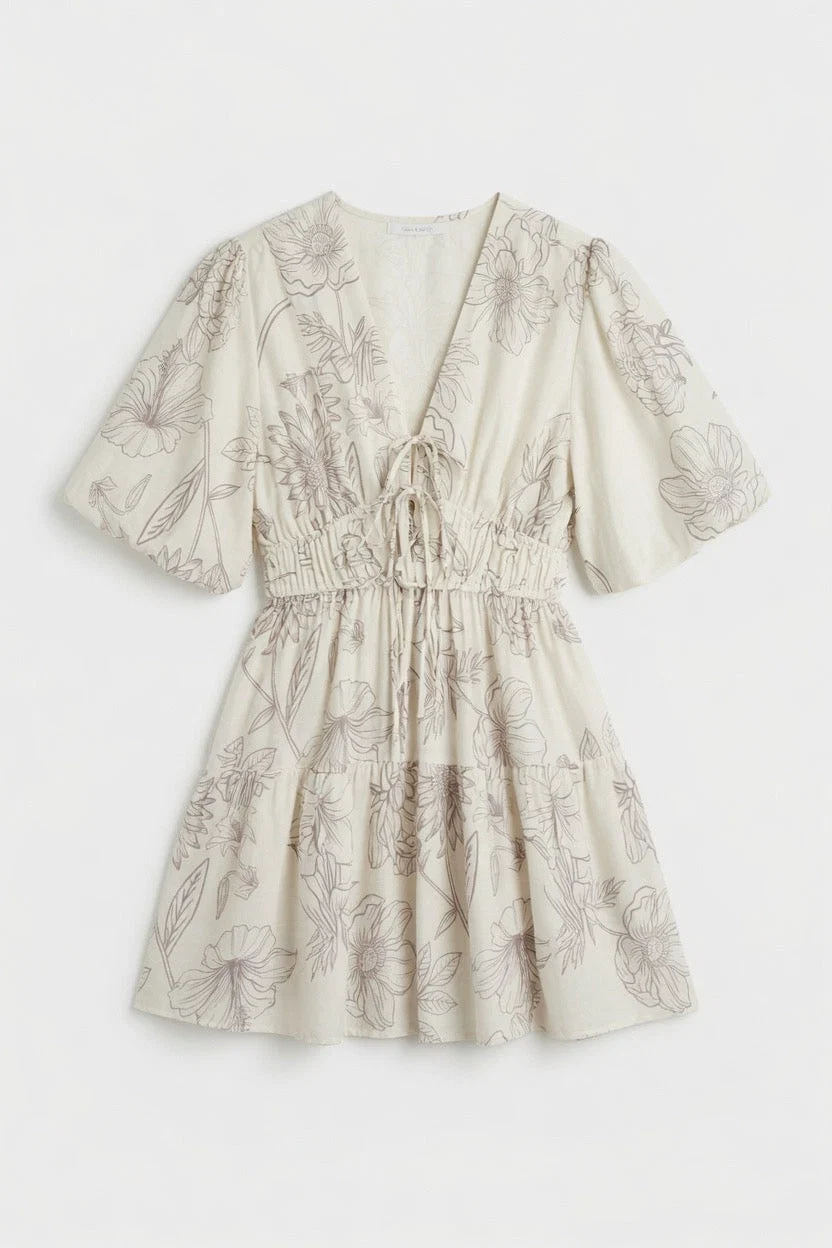 Cream Floral Puff Sleeve Tie Front Mini Dress