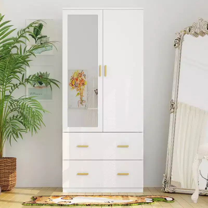 Hitow Armoire Double Drawer Mirrored Door Closet Zoned Storage