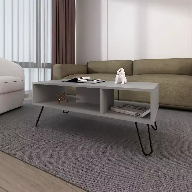 Gray Coffee Table with 2 Open Shelves, Hairpin Legs