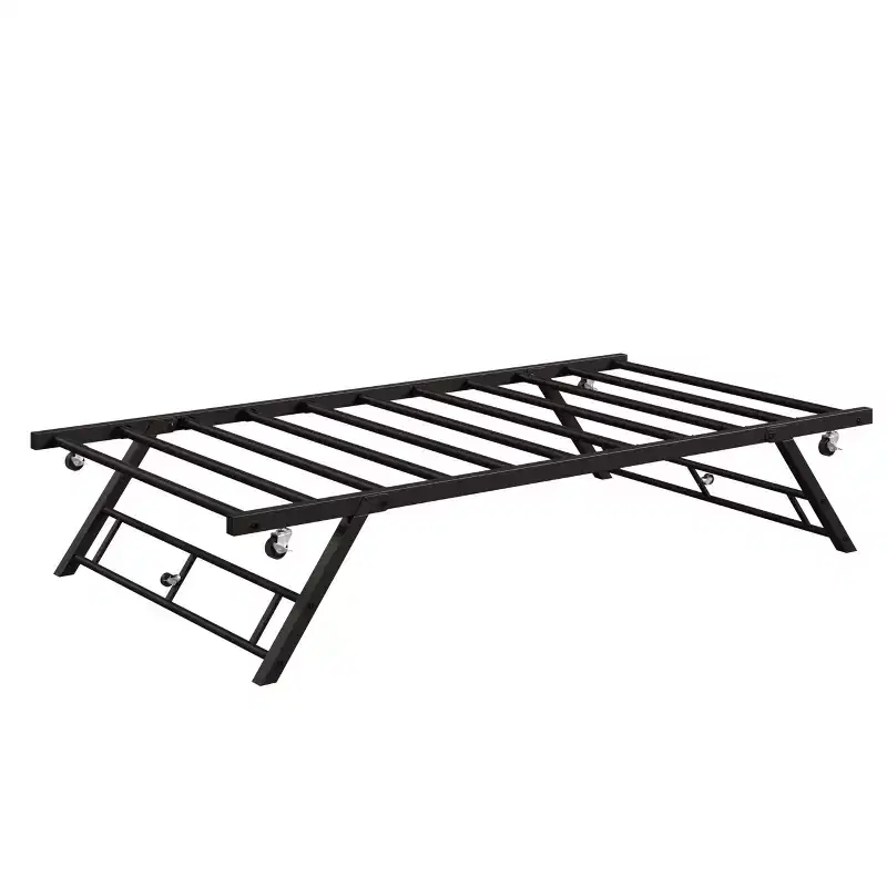 Twin Stand-Up Trundle Day Bed Frame  Pop-Up Lower Bed with Metal Slats & Lockable Casters (Mattress Not Included)