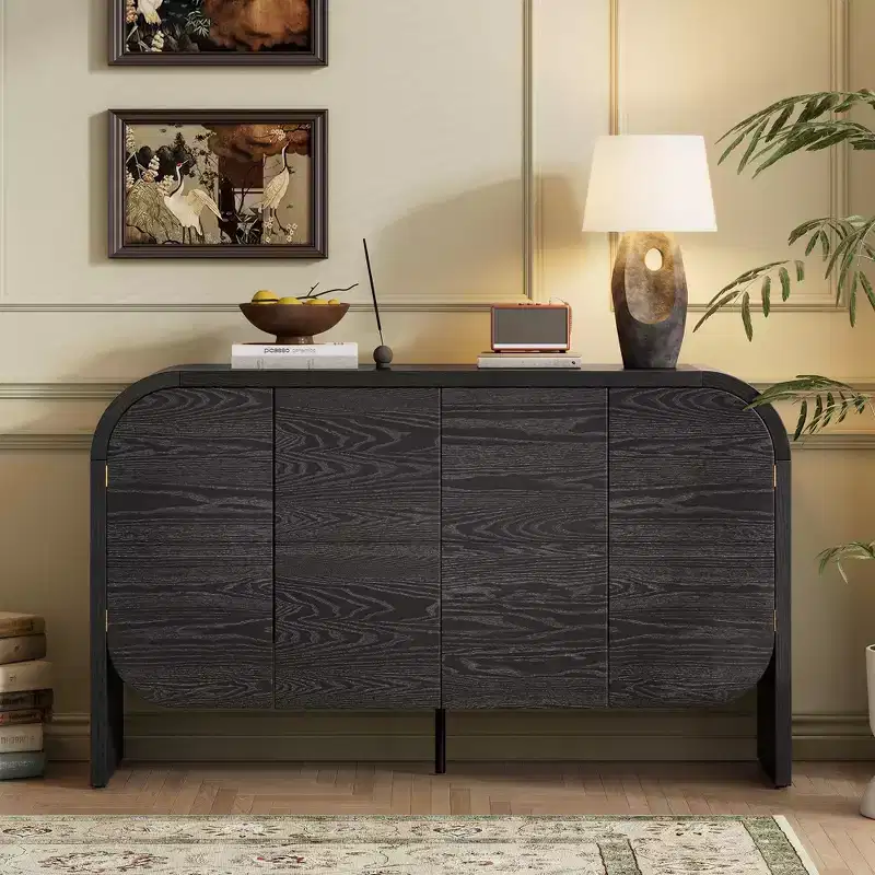 Four-door retro buffet cabinet, wood sideboard with large storage and rounded corners, perfect for living room or entryway, black, 29-inch.