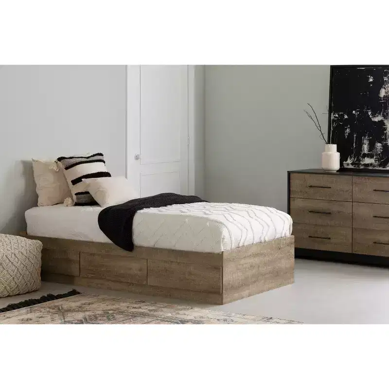 Twin Bed Brown Weathered Oak | Storage Drawer, 250lb Capacity