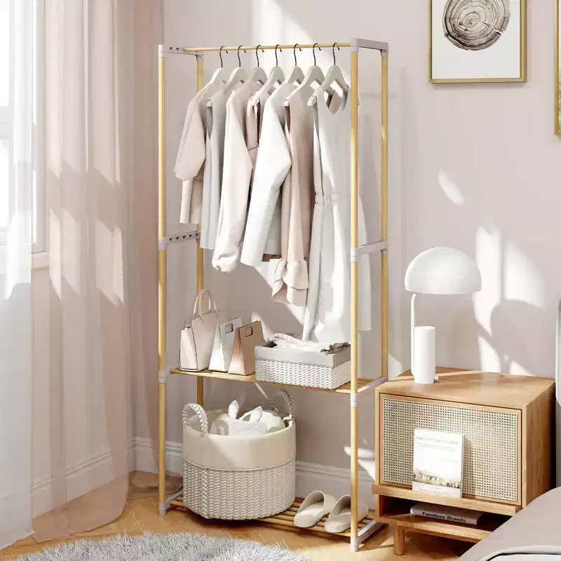 Costway Pine Wood Clothes Rack with 2-Tier Open Storage Shelf for Bedroom, Wardrobe Closet Natural and Gray