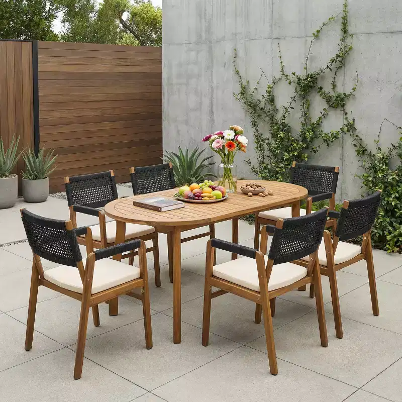 Christopher Knight Home Hanh Modern 7 Piece Acacia Wood Patio Dining Set with Slatted Table and Rope Design