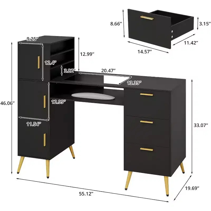 Portable Nail Desk with Drawers, Glass Top & Wrist Rest, Metal Legs