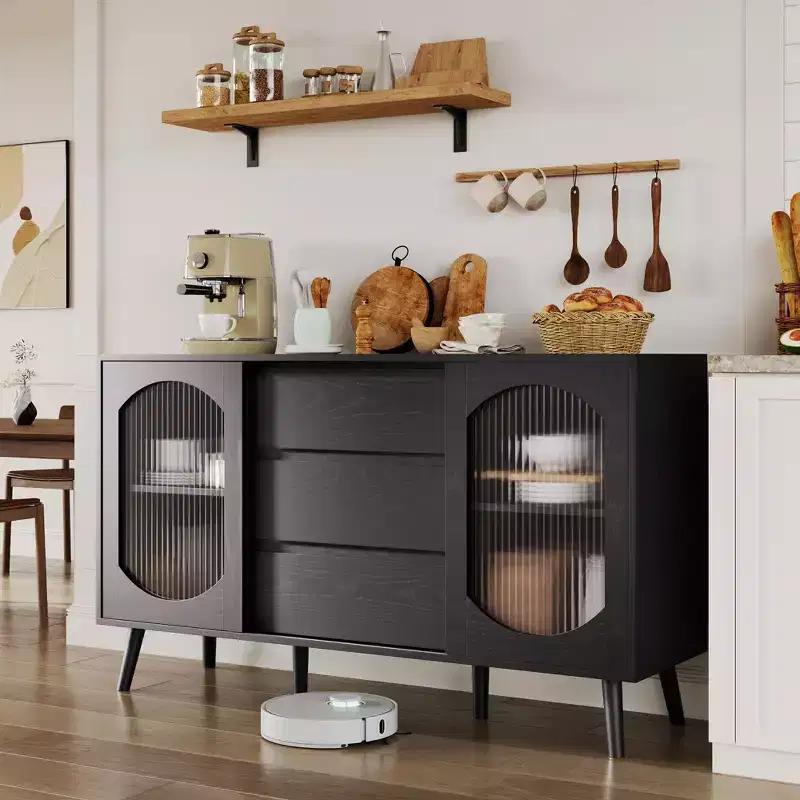 Fluted Glass Sliding Doors and Drawers Sideboard Cabinet , for Kitchen, Dining Room, Living Room