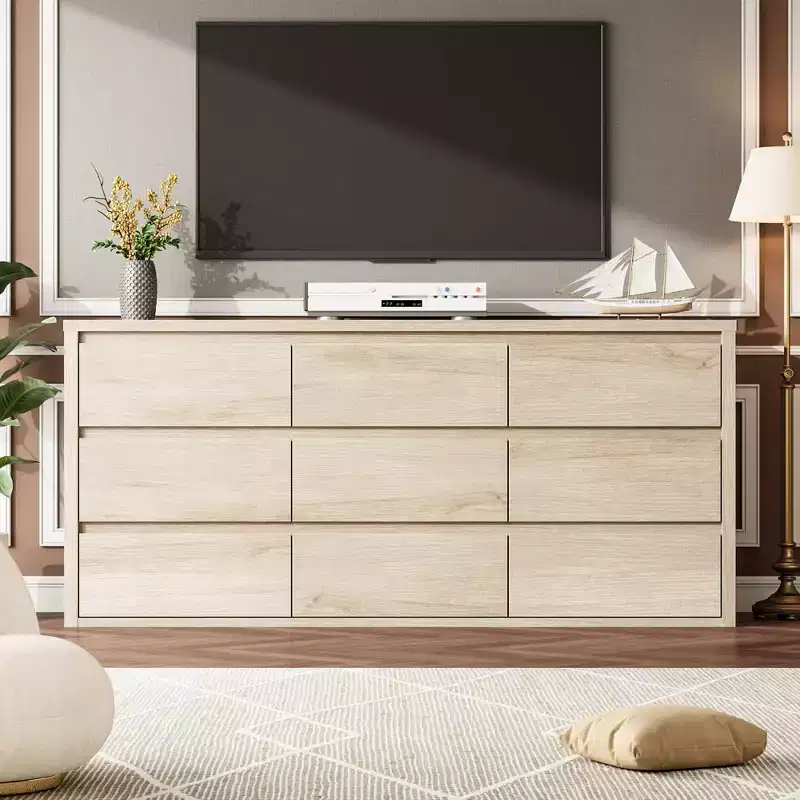 9-Drawer Wide Modern Wood Dresser - Large Chest of Drawers for Bedroom, Living Room & Entryway Storage Organizer
