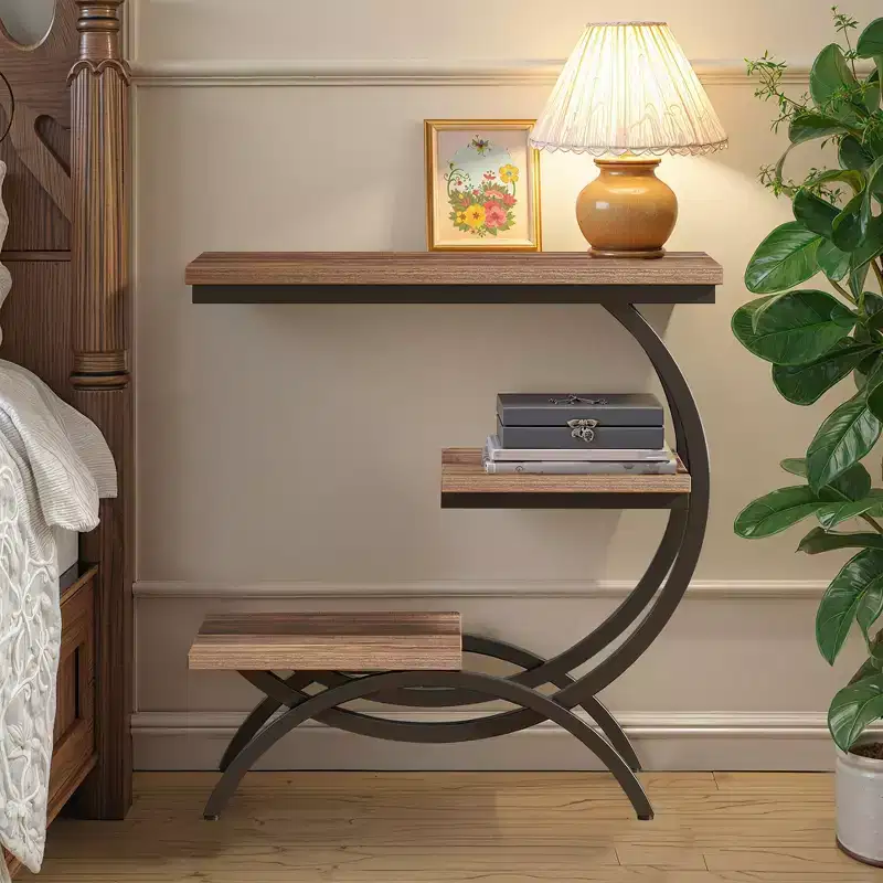 C-Shape End Table 3-Tier, Matte Black Metal Frame with Rustic Brown Top for Living Room
