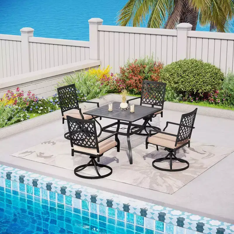 5pc Patio Set with 37" Metal Gridded Table & Swivel Arm Chairs - Captiva Designs