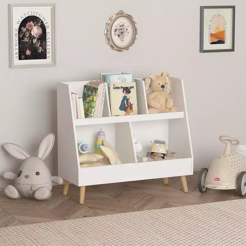 Kids Bookshelf and Toy Organizer, Open Bookcase, 2-Tier Baby Storage Display Organizer with Legs - White