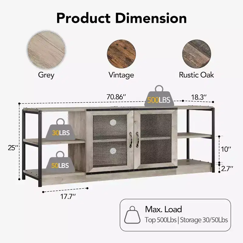 Farmhouse TV Stand for 75/80 inches TVs, Entertainment Center with Storage Cabinet and Mesh Doors, Industrial Media Console Cabinet Table