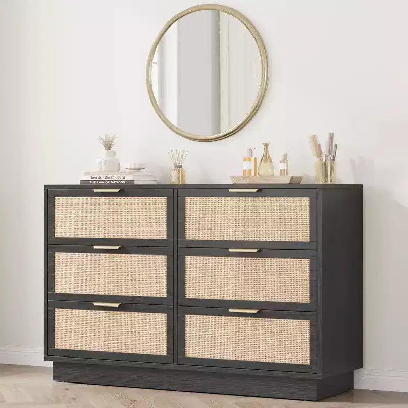 6-Drawer Rattan Dresser with Metal Handles – 47
