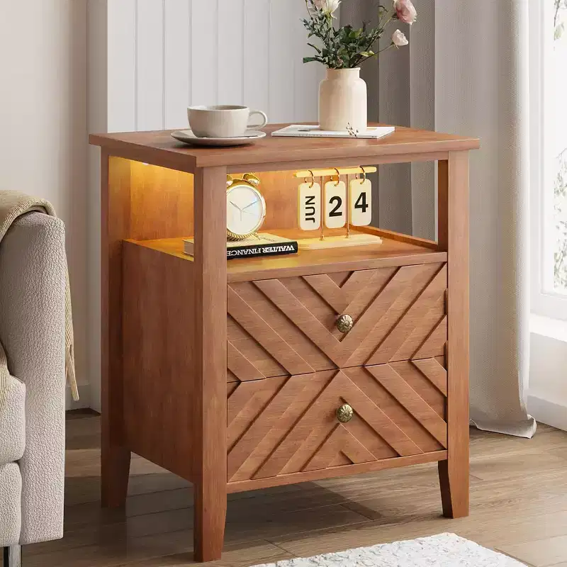 LED Nightstand with 2 Storage Drawers and Stable Wooden Legs, V-Shaped Farmhouse Nightstand and Open Storage Shelf, Nightstand, Rustic Side Table