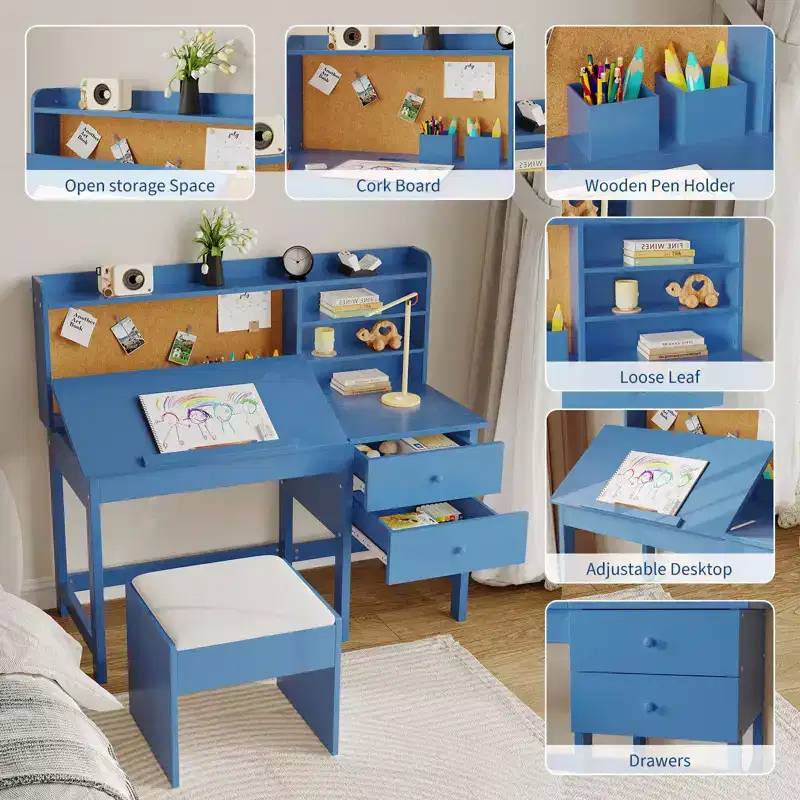 Acekool Kids Study Desk and Chair Set with Hutch Tilting Desktop and Storage for Bedroom Home School