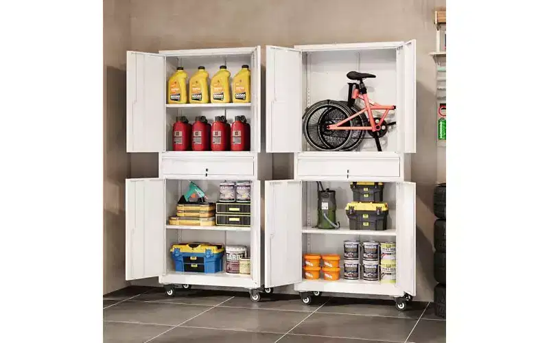 DEXYLLO Metal Garage Storage Cabinet with Locking Doors and Flexible Shelves, Rolling Tool Cabinet with Drawer for Garage,Warehouse,Home, White
