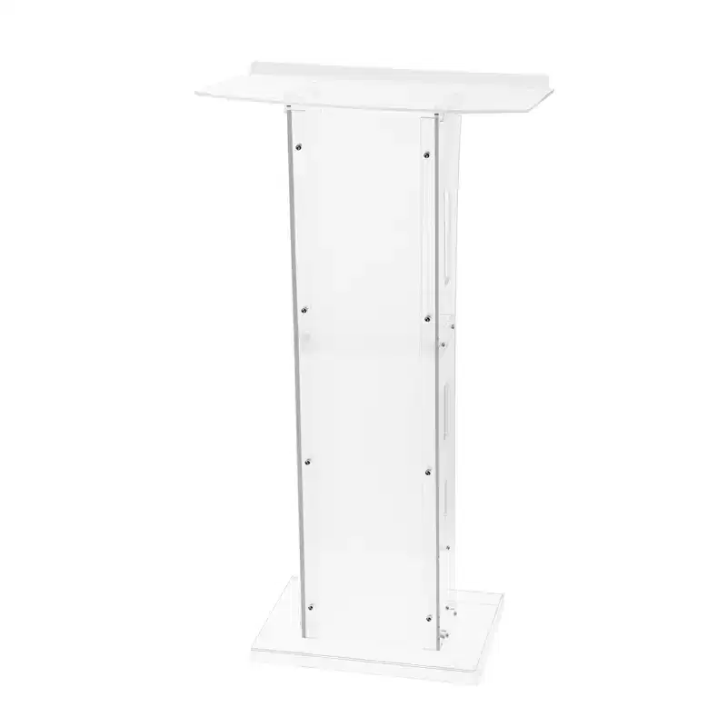 Modern Acrylic Podium Stand  Floor Lectern with Wide Reading Surface & Storage Shelf, Portable for Church, School, Conference  White