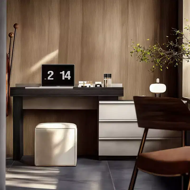 Luck Live Modern desk or vanity table that can be adjusted and extended at multiple angles, accompanied by a soft stool.