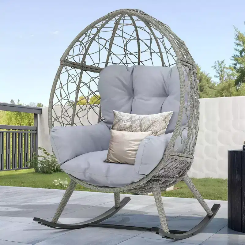 Outdoor Rocking Egg Chair Wicker Patio Rocker 250lb Capacity with Cushioned Comfort