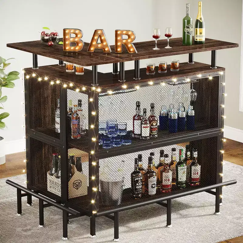 2-Tier L-Shaped Home Bar Unit – Stemware Racks, Open Shelves, Metal Mesh