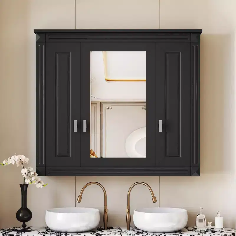 FAMYYT 35 in. W x 28 in. H Rectangular MDF Medicine Cabinet with with Mirror, Soft-closing Hinges, 8 Shelves, Black