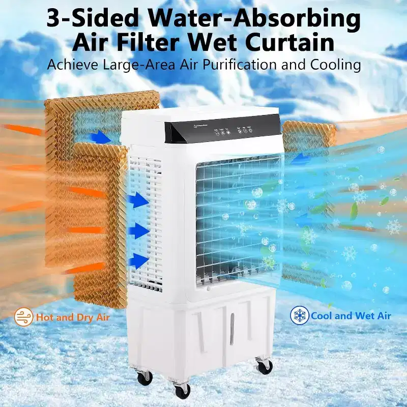 Evaporative Air Cooler, 1800CFM Portable Swamp Cooler with Remote Control, 3 Speeds, 12H Timer & 8.4 Gallon Water Tank, 3-IN-1 Cooling Fan