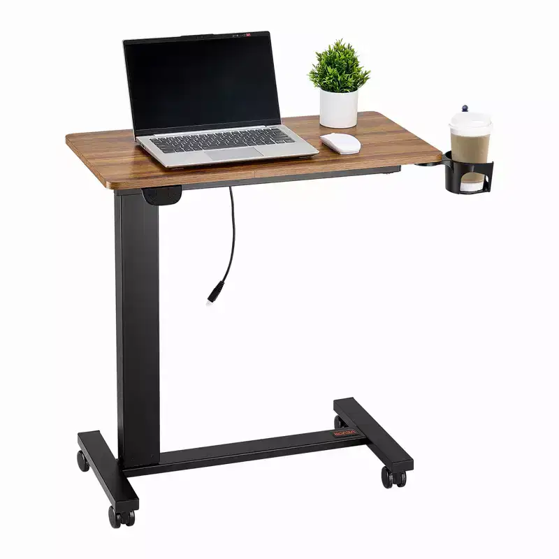 Electric Height Adjustable Overbed Table with Wheels, Rolling Laptop Bedside Desk with Tilting Top & Cup Holder for Home Office Study