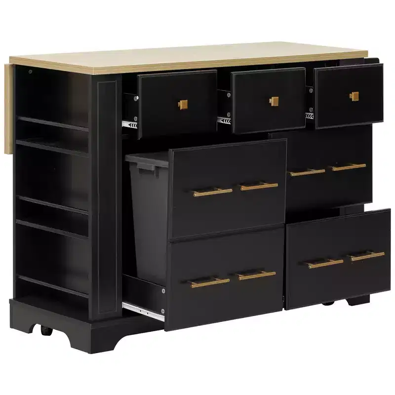 MDF Rolling Kitchen Island with 6 Drawers, Drop Leaf, and Pull-Out Trash 51.2