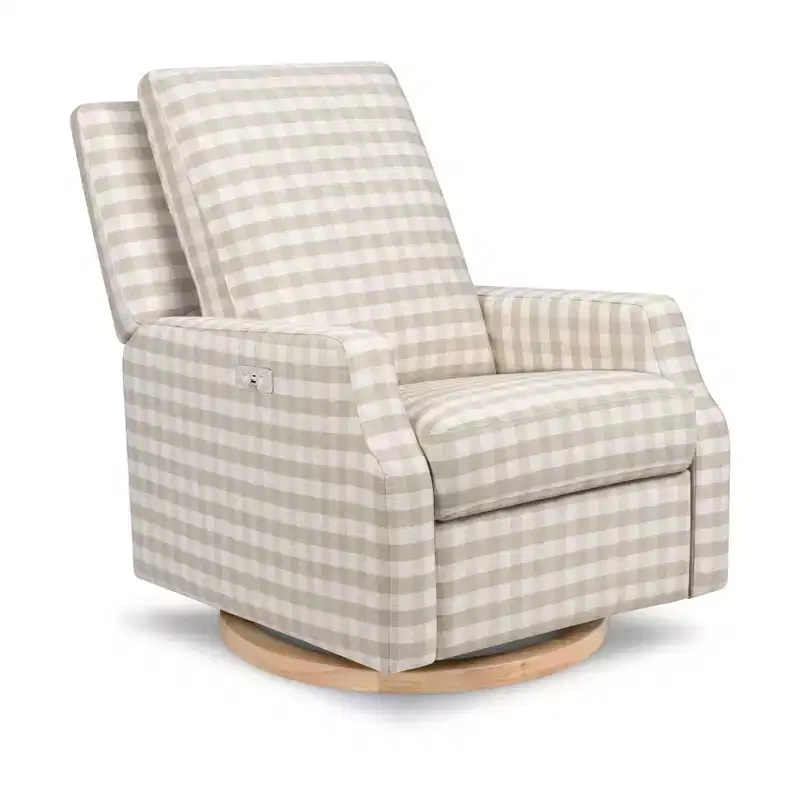 Electronic Recliner and Swivel Glider, Tan Gingham With Light Wood Base