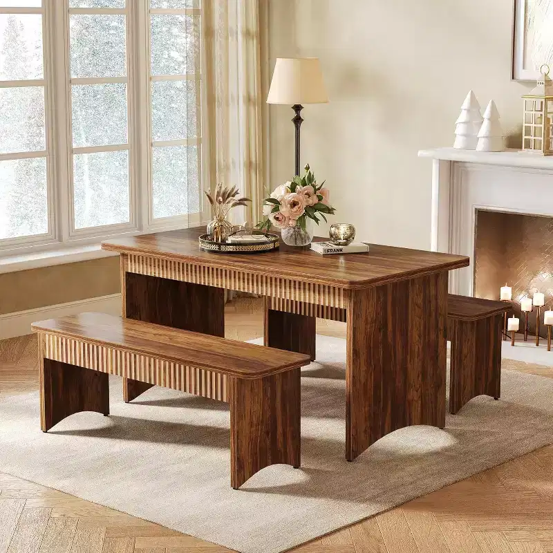 55 Dining Table with 2 Benches, Dining Table Set for 4-6 People, Farmhouse Kitchen Table with Bench, Dining Room Table Set