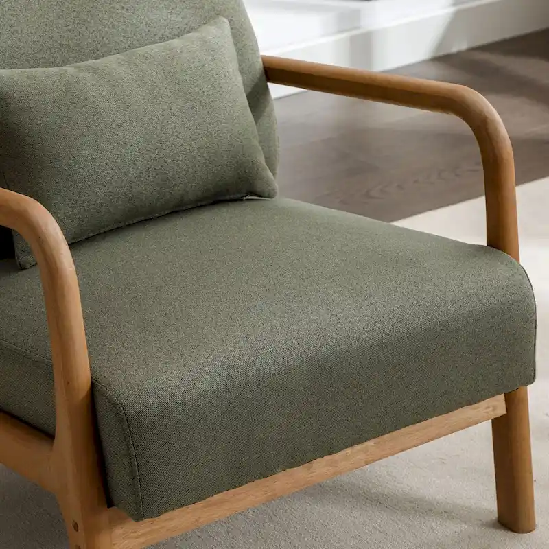 Upholstered Linen Blend Accent Chair with Wooden Legs and One Pillow