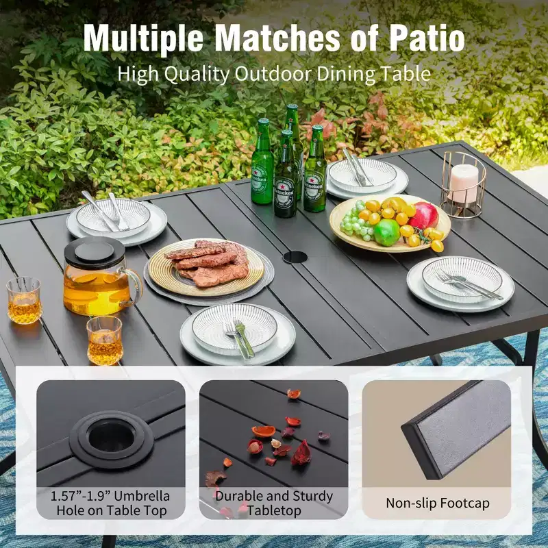 Captiva Designs 7pc Outdoor Patio Slat-top Dining Steel Table & Rattan Chairs with Removable Cushions