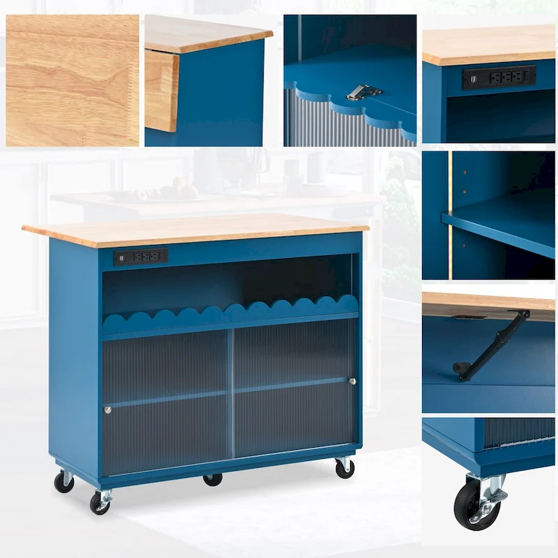 44 in. W Kitchen Island Rubberwood Drop-Leaf Countertop on 5 Wheels with Open Shelf and Wine Rack - 44