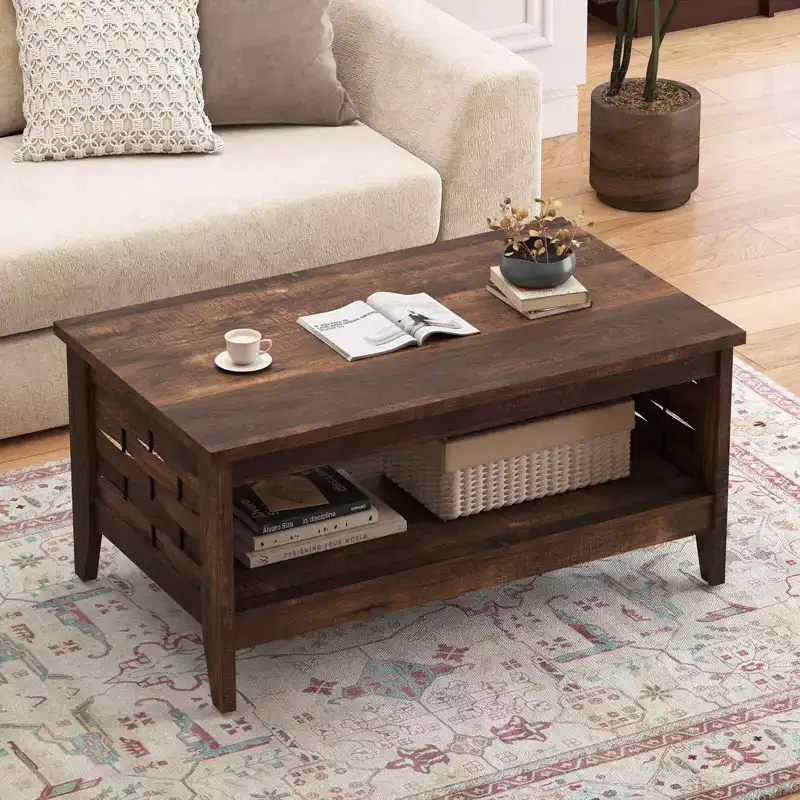 Costway 39.5 2-Tier Coffee Table with Open Shelf Woven Decorations Storage for Living Room Brown/Rustic Oak