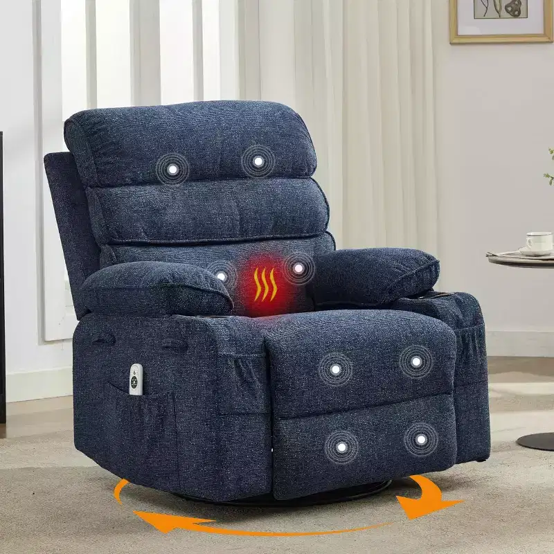 8-Point Massage & Heating Recliner Chair, 360 Swivel Glider Rocker with Side Pocket & Cup Holders, Supports 400LBS, Linen Fabric