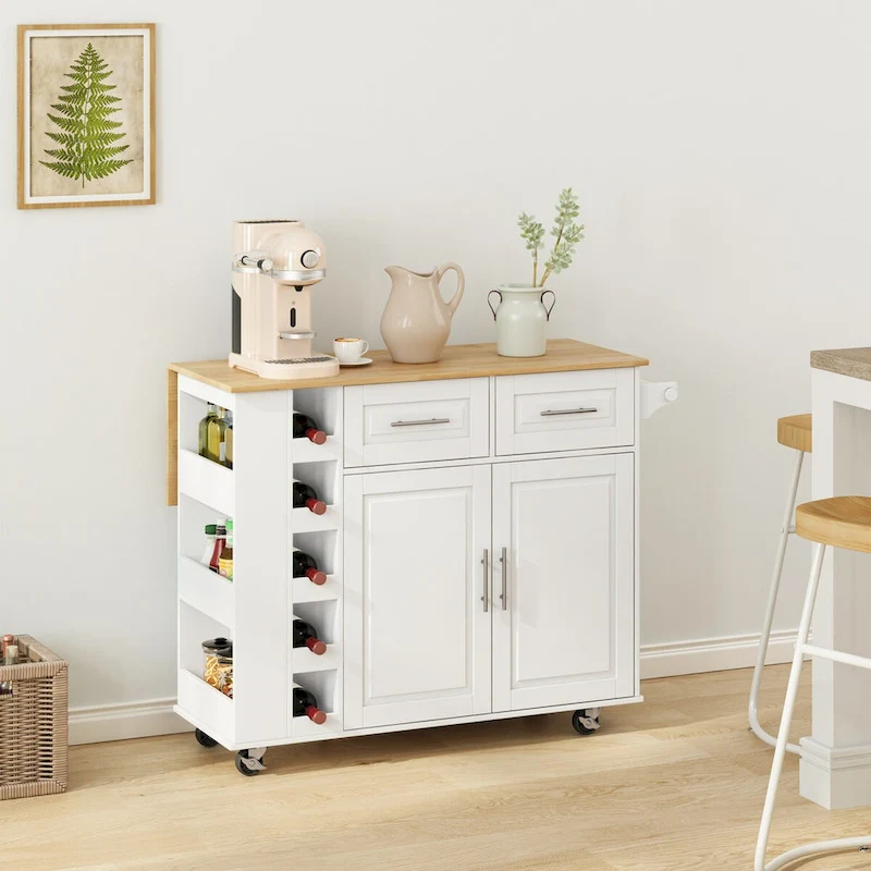 Multi-Functional Kitchen Island Cart with Spice Rack, Towel Holder, Wine Rack, and Foldable Rubberwood Table Top