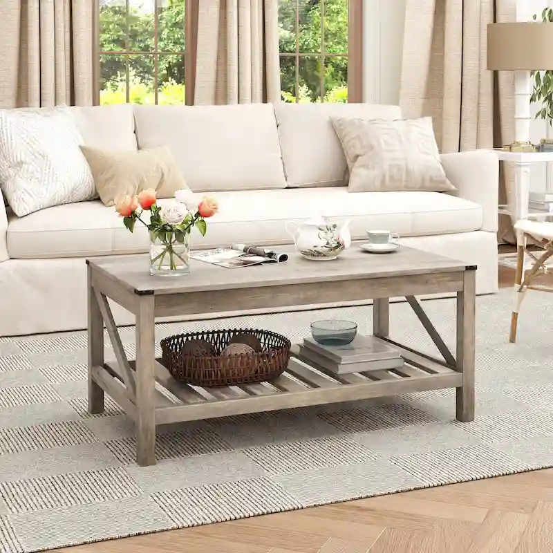 Coffee Table with Slatted Storage Shelf & Metal Corner Protectors, Washed Gray, 40.16
