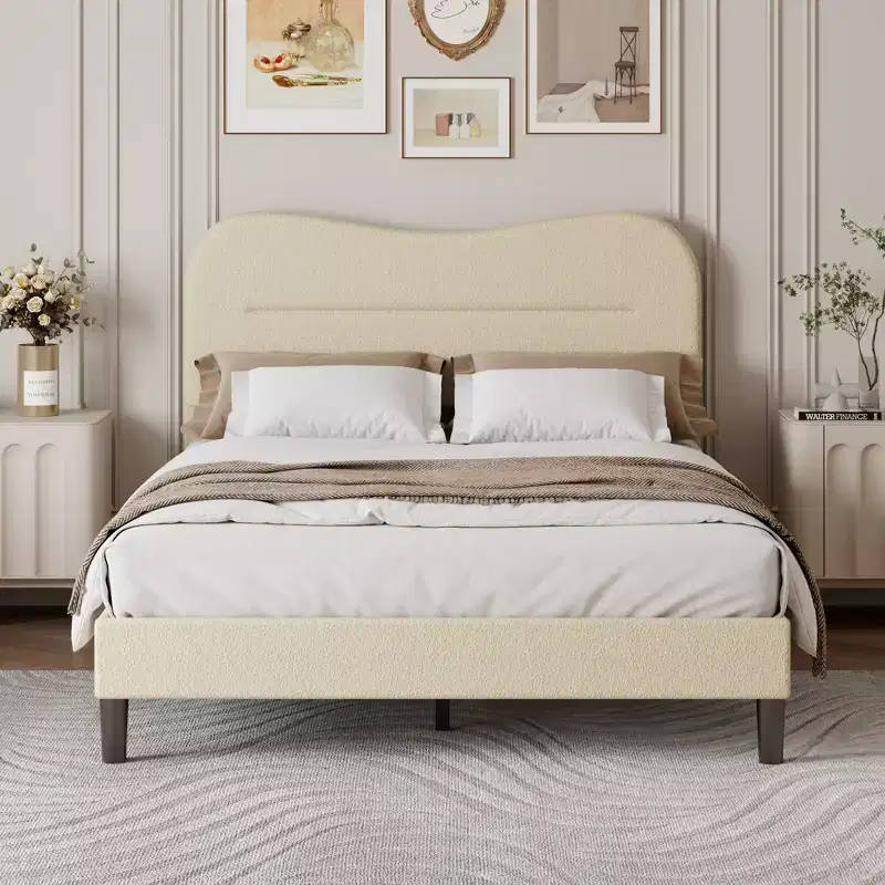 Full Size Upholstered Bed Frame Soft Marshmallow Cloud Headboard Beige Teddy Boucle Fabric Platform Bed Frame No Box Spring Needed Noise Free Design