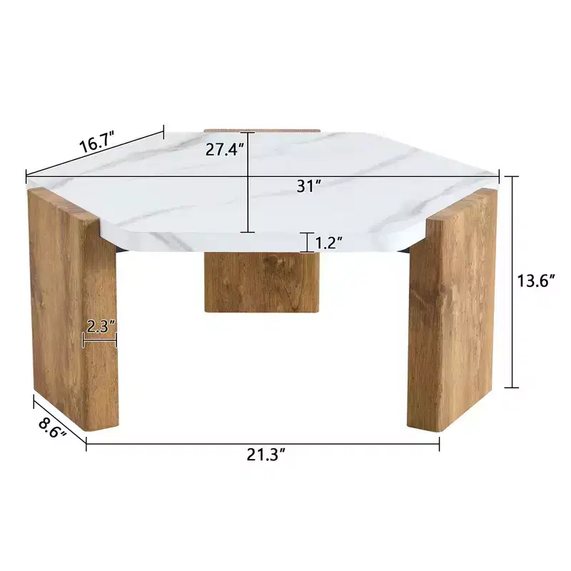 MAYEERTY White Coffee Table Faux Marble Top Triangular Wood Base, 31 Inch