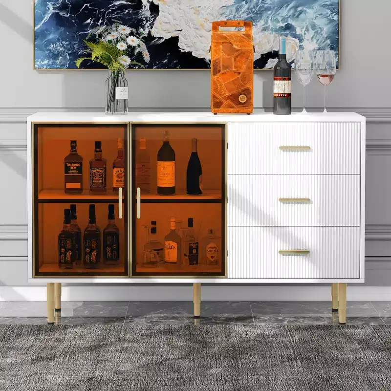 Modern Sideboard Buffet Cabinet with Amber Tempered Glass Doors and Gold Metal Legs
