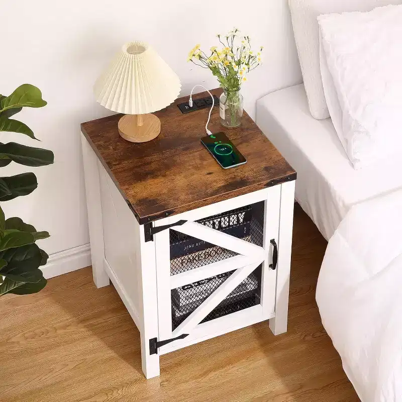 2-Piece Farmhouse Nightstand Set, 18 Barn Door End Tables with Storage, Rustic Wood Sofa Side Tables for Bedroom or Living Room, White & Brown