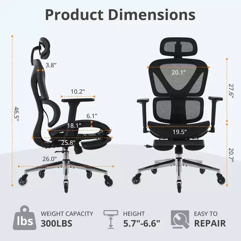 Ergonomic Mesh Office Chair with Wheels, Lumbar Support, 3D Armrests, Hidden Footrest & Lockable Tilt for Home Office