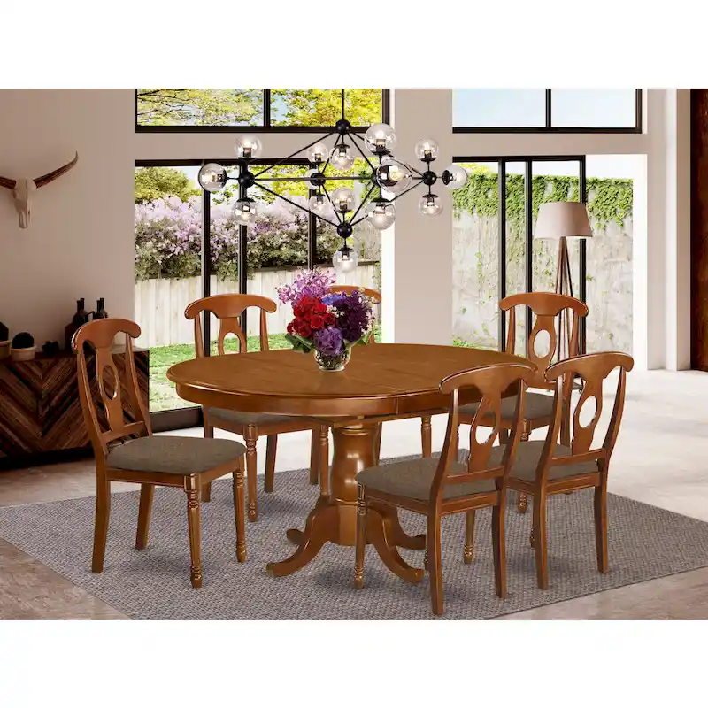 7 Piece Kitchen Table with Oval Dining Table and Solid Chairs, Saddle Brown