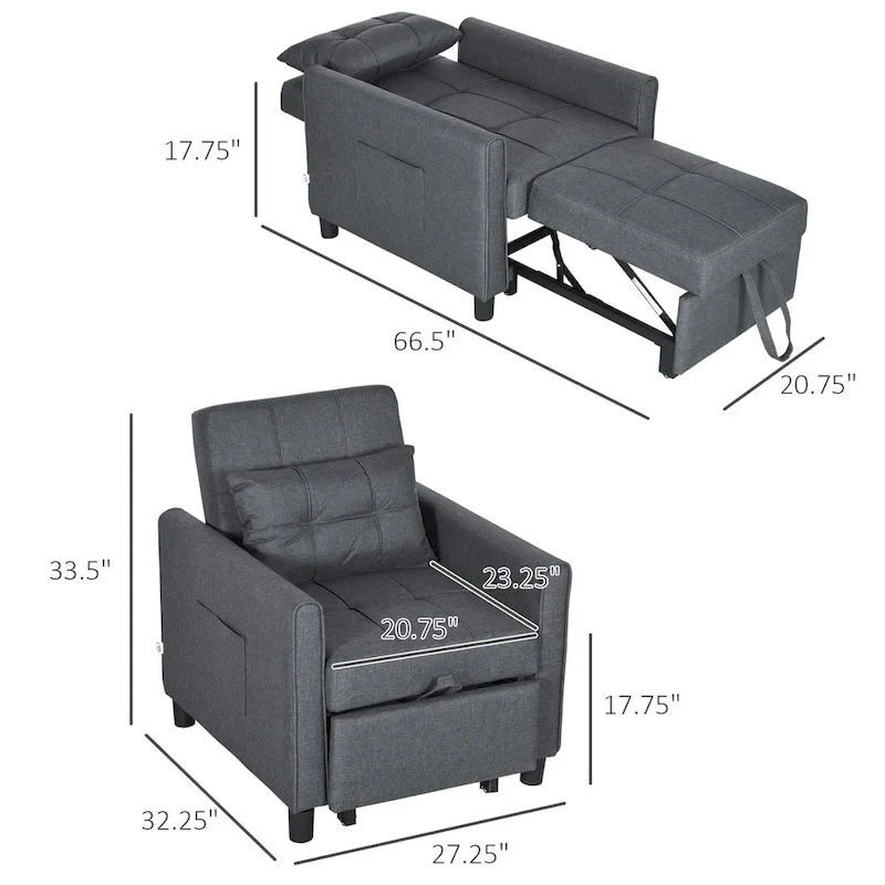 Dark Grey Polyester Single Convertible Sofa Bed with Adjustable Back