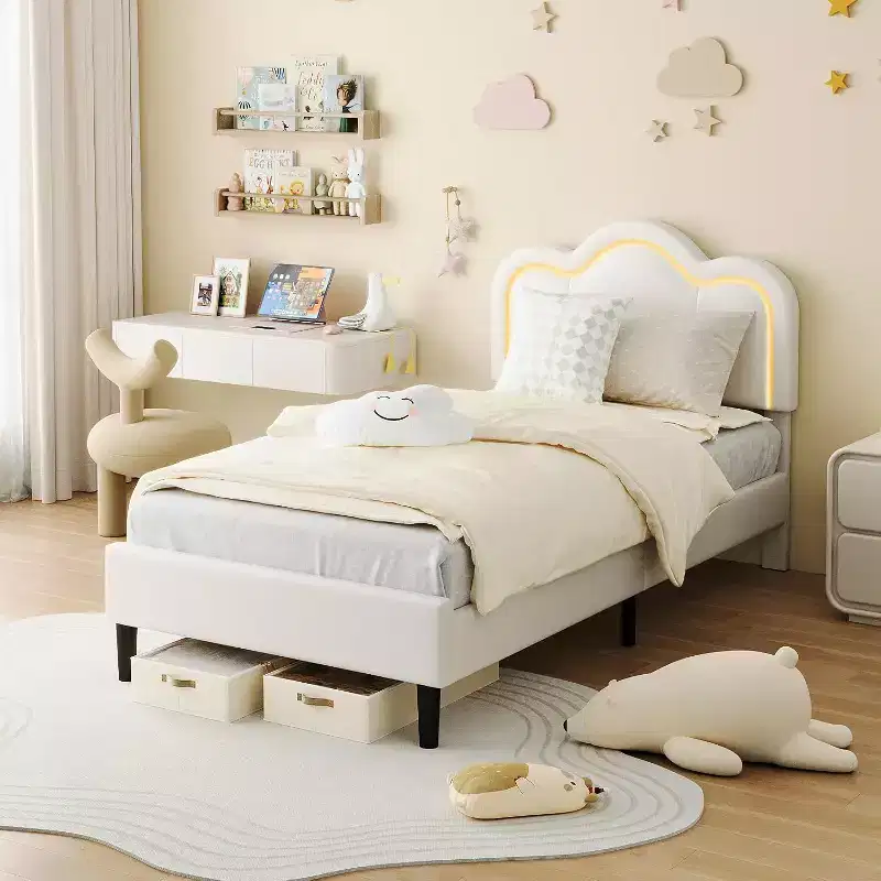 Twin Upholstered Smart LED Bed Frame with Adjustable Hills Headboard, PU Leather Platform for Kids, Beige