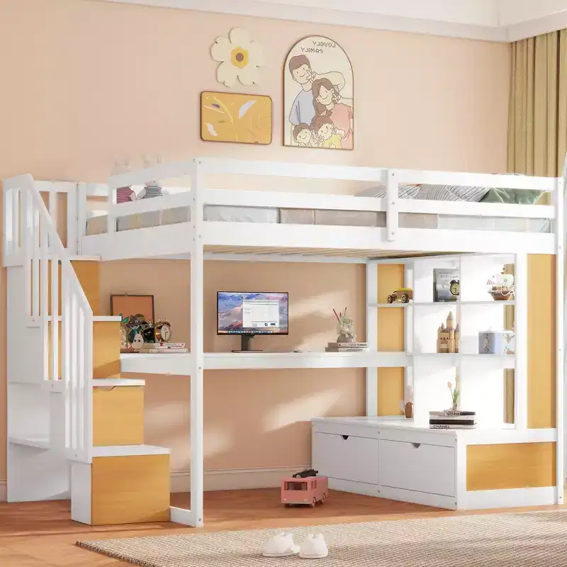 Full Size Loft Bed with Stairs and Desk, Wood Loft Beds Frame with Storage Drawers and Bookcase Shelves for Adults Teens Kids